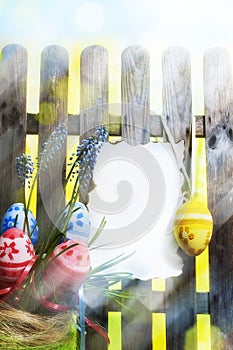 Art easter background with fence, eggs, spring flowers, blank ca