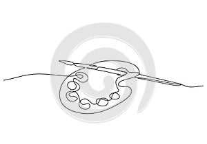 Art equipment of brush and paint one line drawing vector illustration isolated on white background