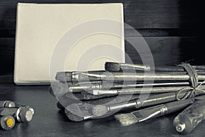 Art equipment.Canvas, brushes and paints