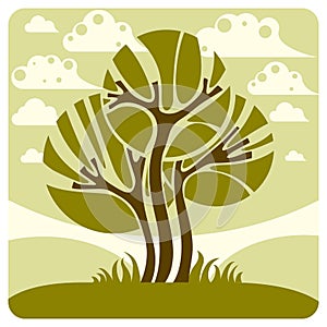 Art fairy illustration of tree growing on beautiful meadow, stylized eco landscape with clouds. Insight vector image on season id