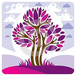 Art fairy illustration of tree growing on beautiful meadow, stylized eco landscape with clouds. Insight vector image on season id