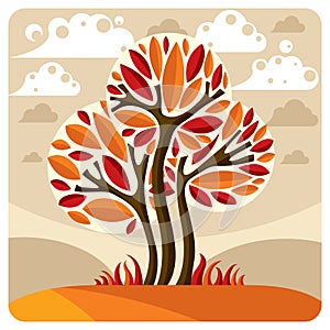 Art fairy illustration of tree growing on beautiful meadow, stylized eco landscape with clouds. Insight vector image on season id