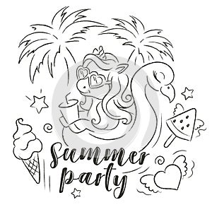 Art. Fashion illustration drawing in modern style for clothes. Black and white summer illustration. Beautiful unicorn on the beach