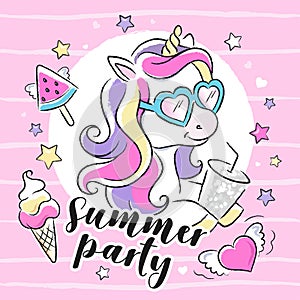 Art. Fashion illustration drawing in modern style for clothes. Cute unicorn. Summer party text