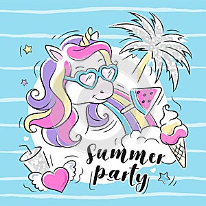 Art. Fashion illustration drawing in modern style for clothes. Cute unicorn. Summer party text. Summer illustration for clothes