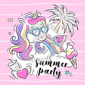 Art. Fashion illustration drawing in modern style for clothes. Cute unicorn. Summer party text. Summer illustration for clothes