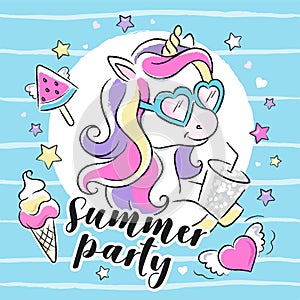 Art. Fashion illustration drawing in modern style for clothes. Summer party text. Beautiful summer unicorn party illustration