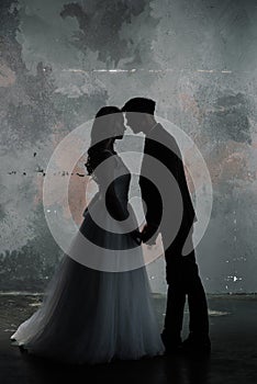 Art fashion studio photo of wedding couple silhouette groom and bride on colors background. Art Wedding style