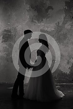 Art fashion studio photo of wedding couple silhouette groom and bride on colors background.