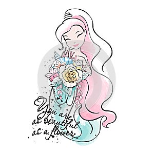 Art fashionable style. Print for teenagers clothes and fabrics. Beautiful mermaid with flowers, shells and corals. Fashionable ink