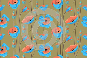 Art floral vector seamless pattern. Blue, coral color flowers isolated on khaki background. photo