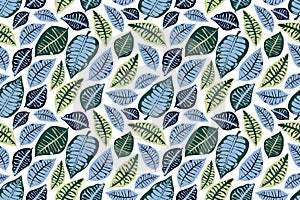 Art floral vector seamless pattern. Blue, light blue, green tropical leaves isolated on white background.