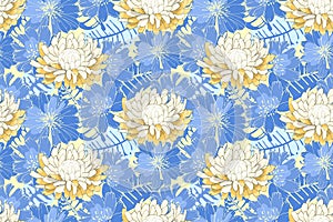 Art floral vector seamless pattern. Light yellow asters, blue succory