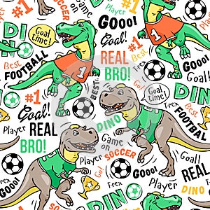 Art. Football pattern on a wite background. Cute dinosaur plays soccer. Design for kids. Vector illustration.