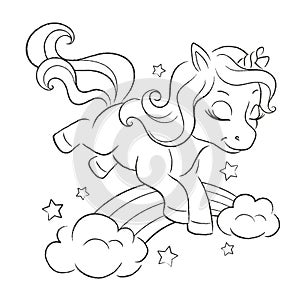 Art. Funny unicorn jumps over a rainbow. Fashion illustration drawing in modern style for clothes. Cute unicorn