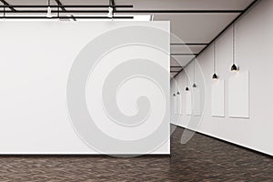 Art gallery with a blank wall and row of pictures