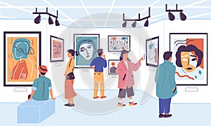 Art gallery. Cartoon people at museum exhibition looking at paintings and artworks, tourists on festival. Vector photo