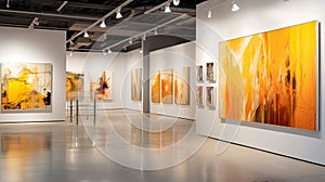 an art gallery with a large display of paintings