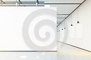 Art gallery with large white wall and pictures, toned