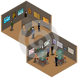 Art gallery with paintings, humans, exhibits on pedestals, isometric vector illustration