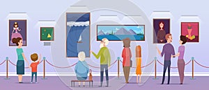 Art gallery. People watching a pictures in museum place painting exhibition portraits students artwork vector cartoon