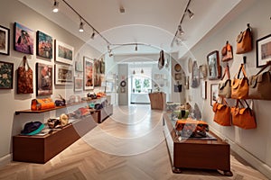 an art gallery, with various fashion accessories on display for visitors to admire