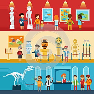 Art gallery visitors and antique museum of paleontology flat banners abstract isolated vector illustration. People look