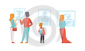 Art Gallery, Visitors Looking Paintings Hanging on Wall Flat Vector Illustration