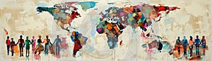 Art and geography converge in an abstract depiction of different people on a world map photo