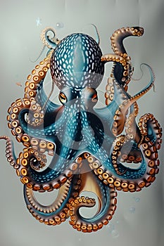 Art of giant pacific octopus in electric blue on white background