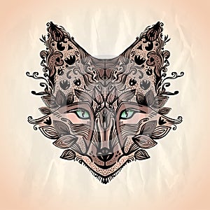Art graphic fox portrait, nature motives decorated leaves and flowers, vintage style