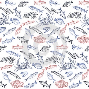 Art graphic seamless pattern with fish and seafood
