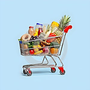 The art of grocery shopping, a snapshot of a cart filled with edibles, shopping cart with fruit