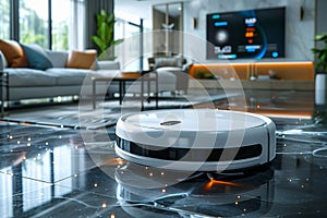 The Art of Hands-Free Cleaning with a Robotic Vacuum in a Sunlit Contemporary Lounge
