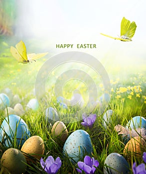 Art Happy Easter card or banner background; Spring flowers and easter eggs