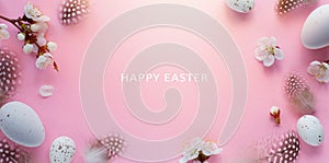 Art Happy Easter Holiday banner or greeting card background with Easter eggs and Spring Flowers