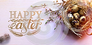 Art Happy Easter risen;  Easter eggs, Spring Flowers and bird feather on blue background; Holiday Easter banner or greeting card