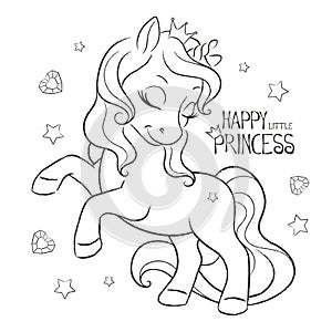 Art. Happy unicorn. Coloring pages. Illustration for fabrics kids fashion artworks, children books.  Happy little princess text