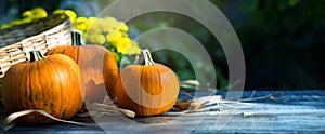 Art Hello autumn. Thanksgiving holiday party background, autumn pumpkin on wooden table