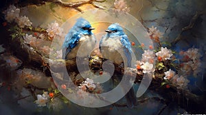 Art by hendrik hondius charming happy bluebirds in the tree, ultra hd detailed painting, digital art, Jean - Baptiste Monge style