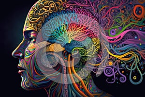 art with human head burst with colors