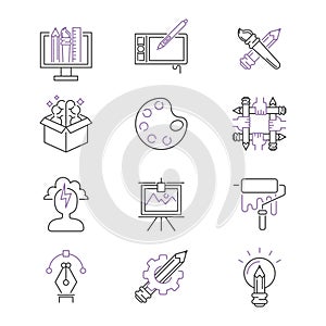 Art icons set vector illustration design linear symbols artistic pictogram creativity button graphic collection thin