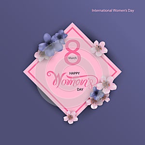 8 March sign and Abstract Pink Floral Greeting card.International Happy Women`s Day.