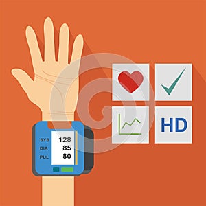 Heart Rate Check Device. Wrist Blood Pressure Monitor. Systolic and Diastolic Measurement. Medical Equipment. Flat Vector. photo