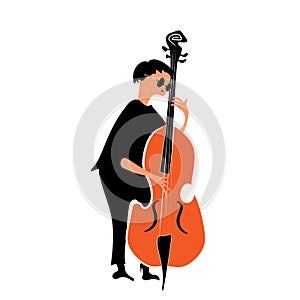 Double Bass Musician. Jazz musician in black clothes playing the double bass.