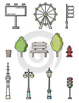 City elements flat style colorful vector icons