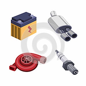 Automotive Component Part Collection Icon Set, Modification Performance Upgrade Sparepart in Cartoon Illustration Vector isolated
