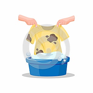 Hand put Dirty Tshirt on Bucket full Soap of Deterent, Washing Clothes Symbol in Cartoon Illustration Vector on White Background