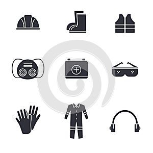Safety equipment icons collection draw in black design