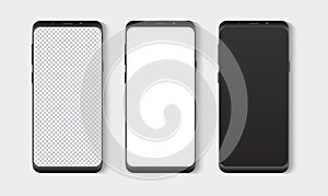 Realistic smartphone mockup set. Mobile phone blank, white, transparent screen design mock up